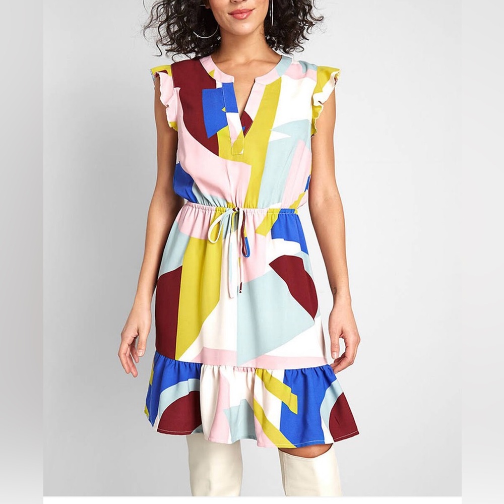 Modcloth As You Love It Blue and Yellow Abstract Ruffled Sleeve Dress Size 2X - Picture 1 of 5